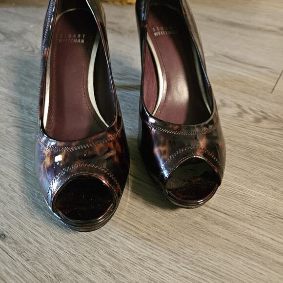Stuart Weitzman Patent Leather Tortoise Shell Heels Peep Toe Women's Size 7.5.M - Picture 4 of 8